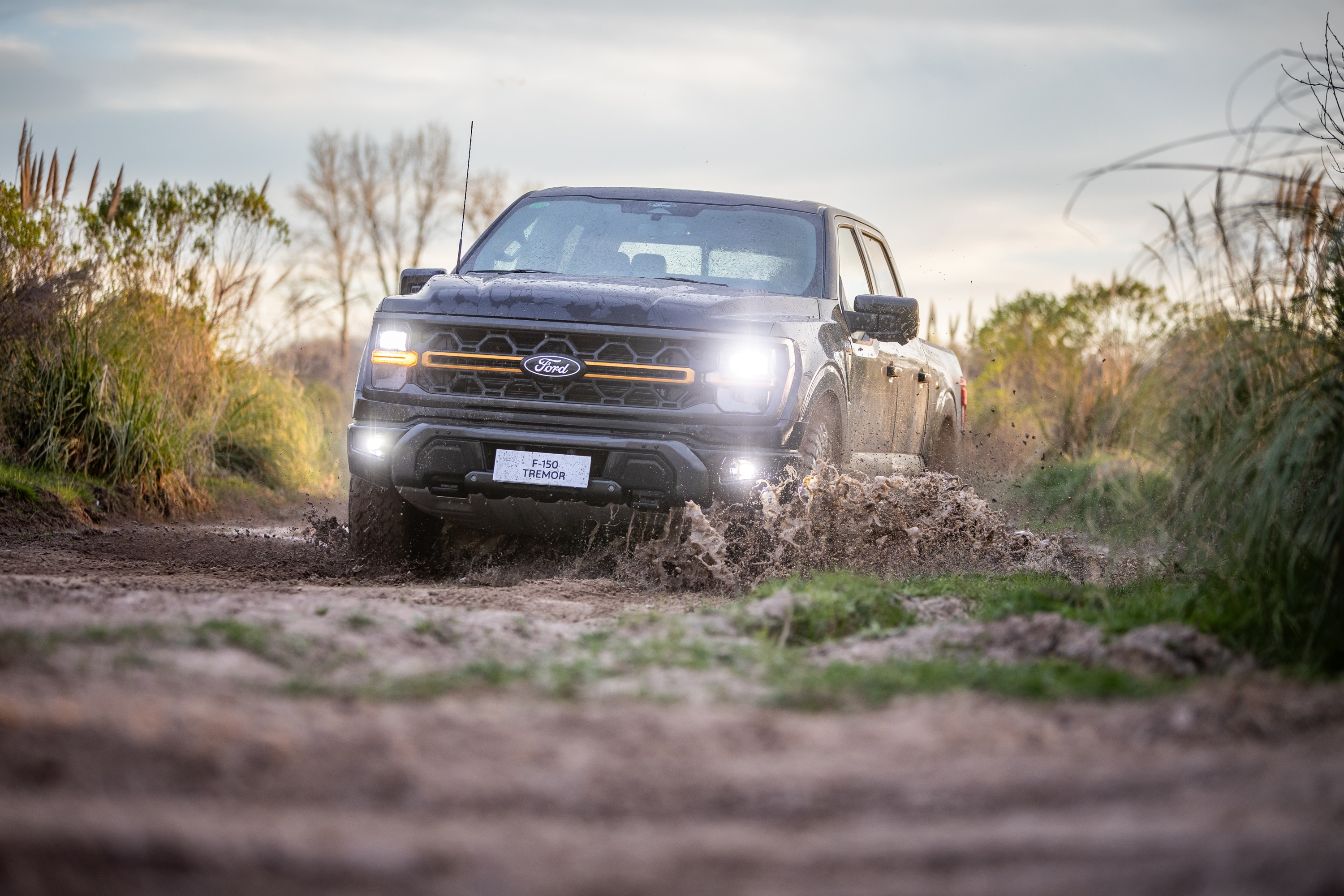 F-150 Tremor preta em trilha e estrada off-road
